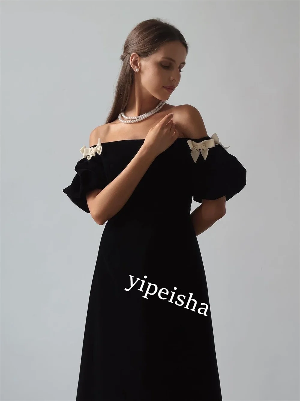  Evening Jersey Bow Engagement A-line Off-the-shoulder Bespoke Occasion Gown Midi Dresses Saudi Arabia  