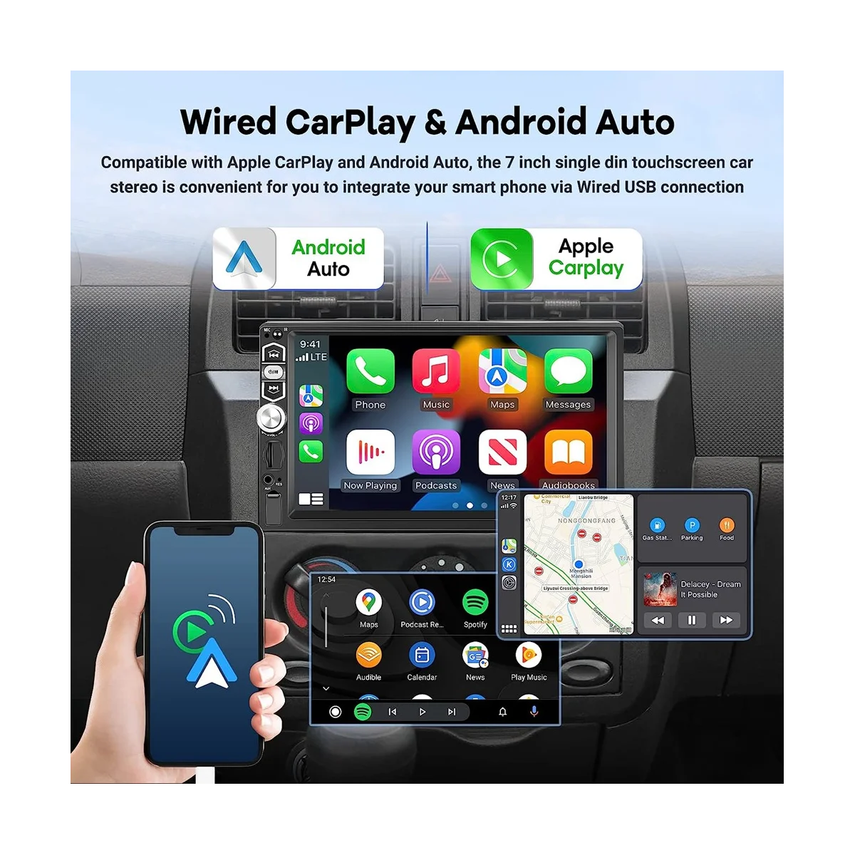 Single Din Car Stereo Carplay Android Auto, 7 Inch Touch Screen Radio, Mirror Link/Bluetooth/FM Radio/Backup Camera+MIC