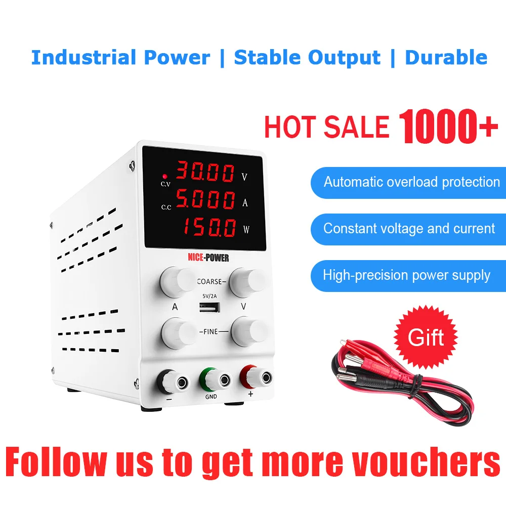 30V 5A DC Power Supply Four-digit Display Power Display 4 Knobs to Fine-tune USB Output 5V2A Industrial Power Stable