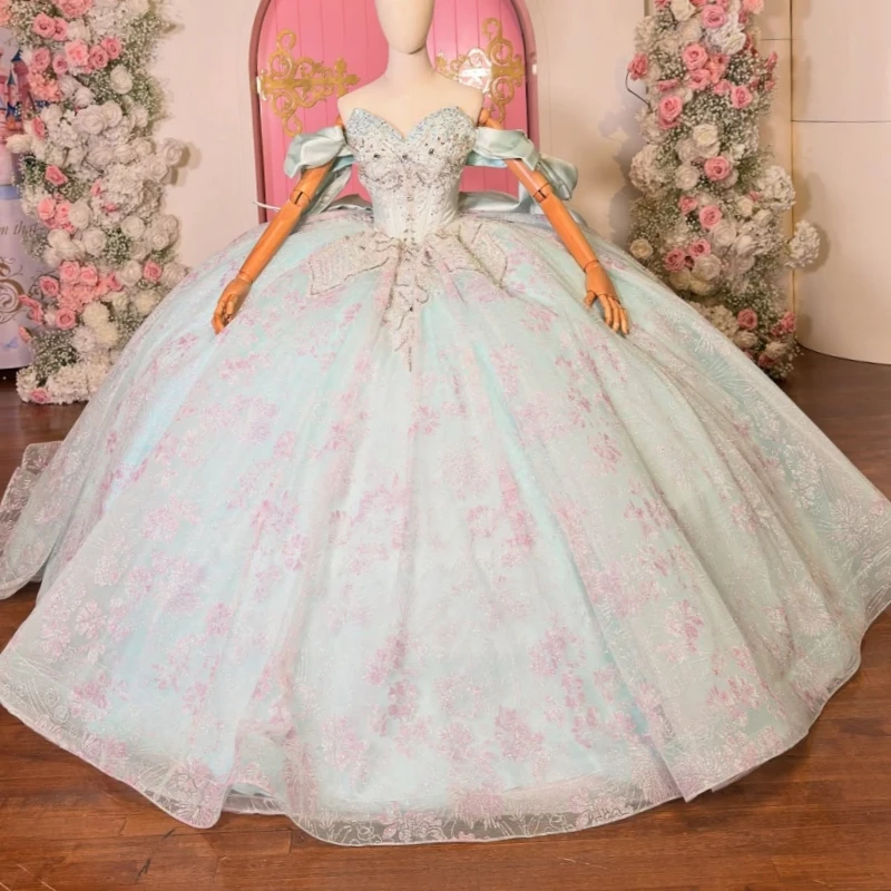 

Светло-зеленые блестящие платья Quinceanera с открытыми плечами и блестками, аппликация, кружево, бисер, кристалл, бант, тюль, корсет, вечерние, день рождения, сладкий
