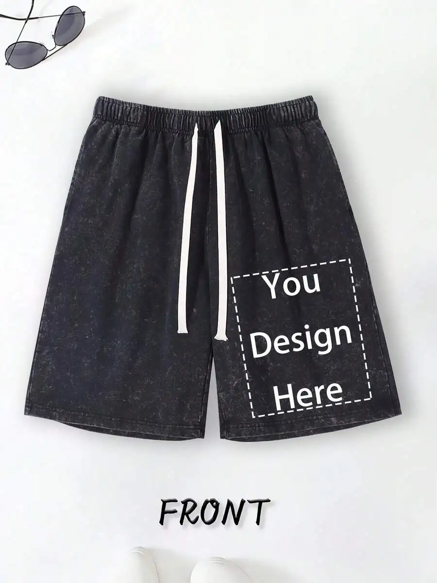 

Mens Washed Cotton Customizable Shorts With Drawstring Elastic Waist Loose Fit Casual Sport Shorts
