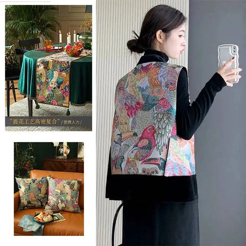 Tela brocada jacquard con estampado de loros coloridos de tendencia nacional para abrigos, chalecos, faldas, almohadas, tela brocada jacquard de imitación Song