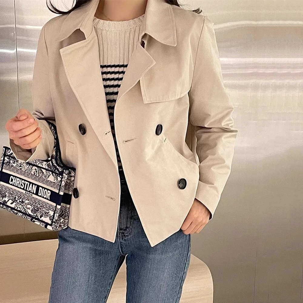 Spring Autumn Korean Suit Collar Jackets Woman 2024Retro Double Breasted Loose Casual Short Trench Coat Women Clothing Windbreak