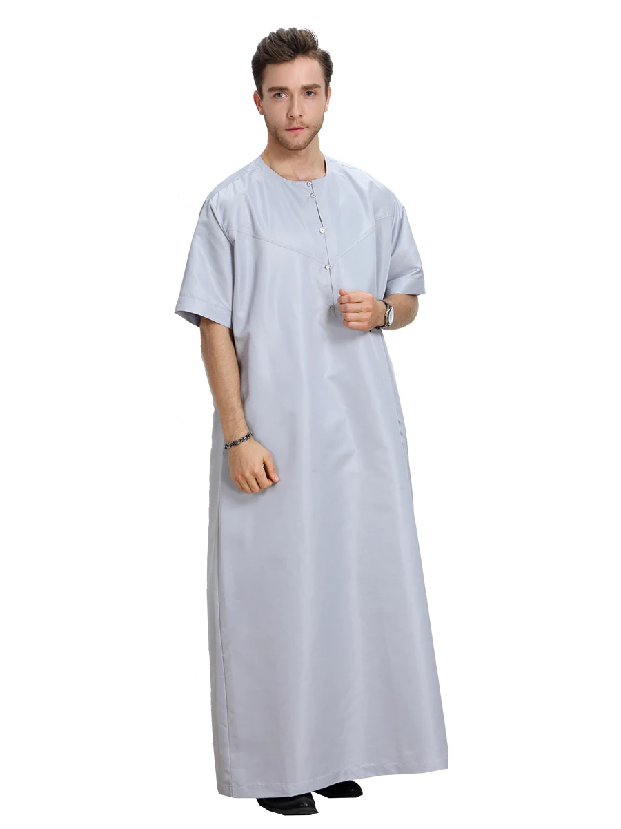 Eid Ramadan Thobe Thawb Jubba for Men Wear Muslim Short Sleeves Round Collar Saudi Arab Kaftan Islamic Dubai Robe Caftan Dress