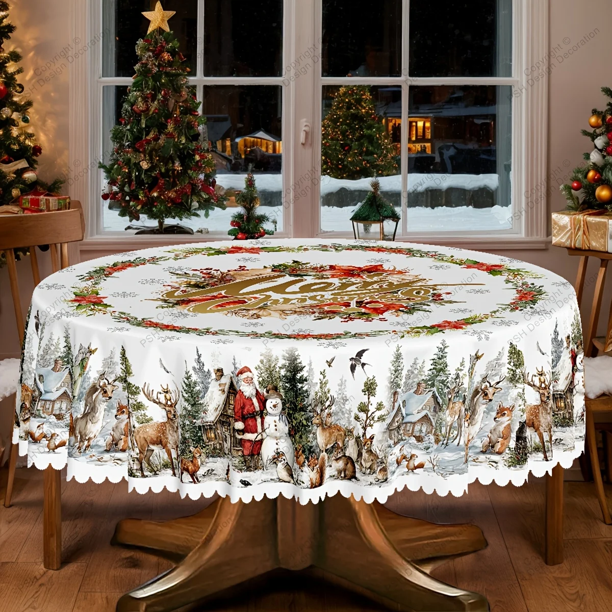 Set of 1, Christmas and New Year themed tablecloth, Santa snowman Christmas tree, reindeer, winter snow tablecloth
