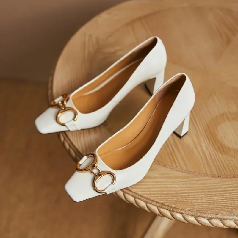 

2024 Women Genuine Leather SquareToe Thick High Heels Pumps Metal Decoration Fashion Ladies Spring Autumn Shoes Apricot 39