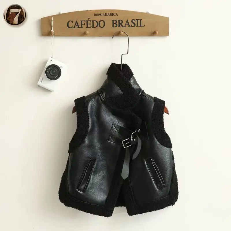 Autumn And Winter New Model 2025 With Plush And Thickened vest For External Wear Children's Leather Vest Motorcycle Suit