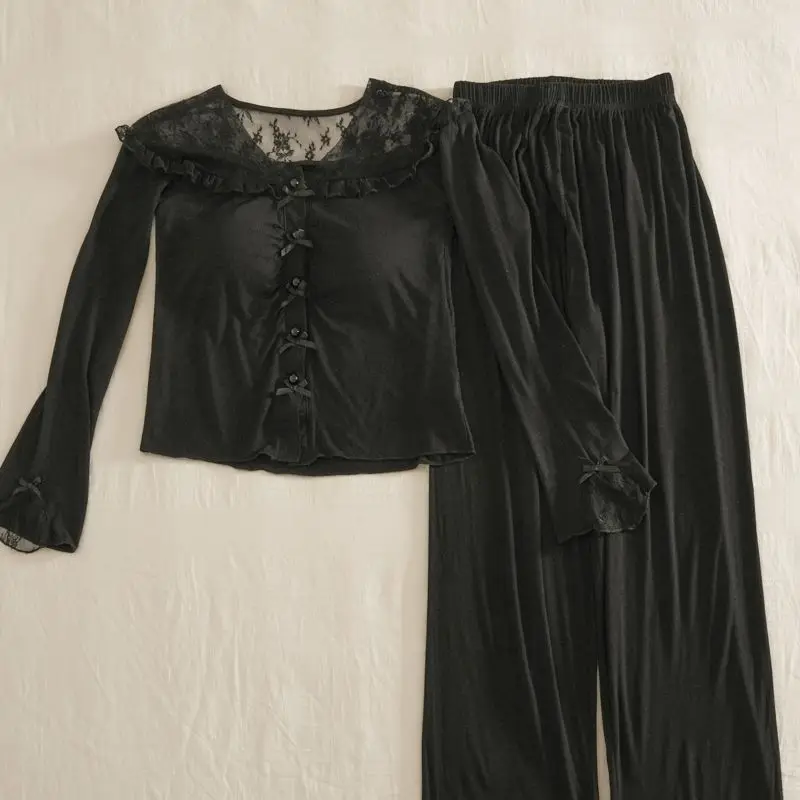 American style spicy girl retro sleepwear set with chest cushion spring and autumn sexy lace edge women's home suit set