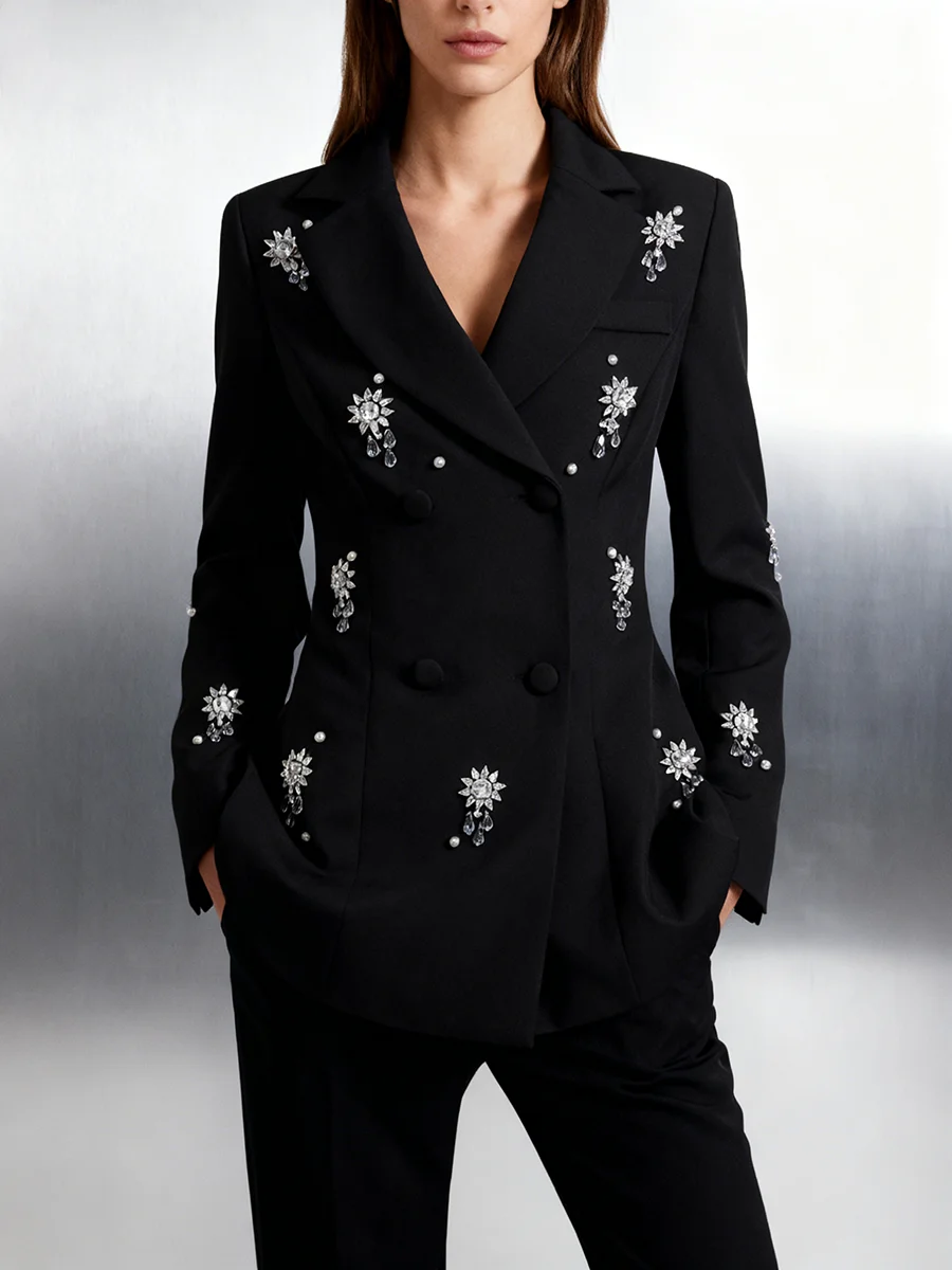 TWOTWINSTYLE Solid Spliced Bead Luxurious Blazers for Women Lapel Long Sleeves Tunic Temperament Blazer Female Autumn Clothing