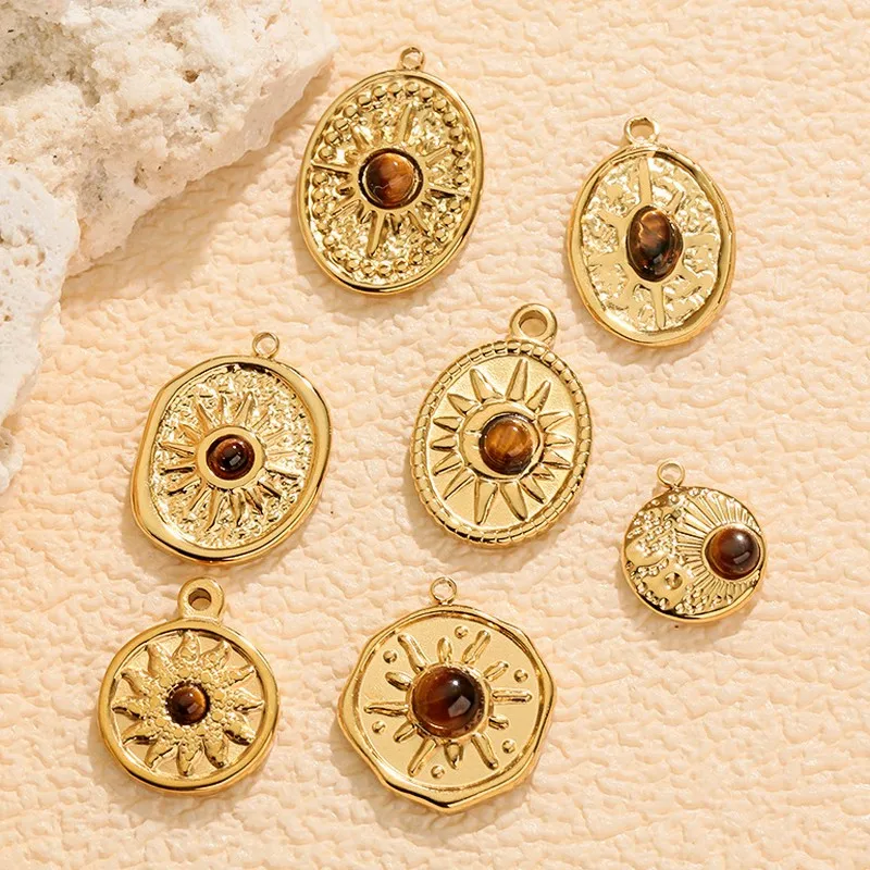 Hot Selling Stainless Steel Oval Eight Pointed Star Natural Tiger Eye Stone Pendant DIY Jewelry Accessory Wholesale for Women