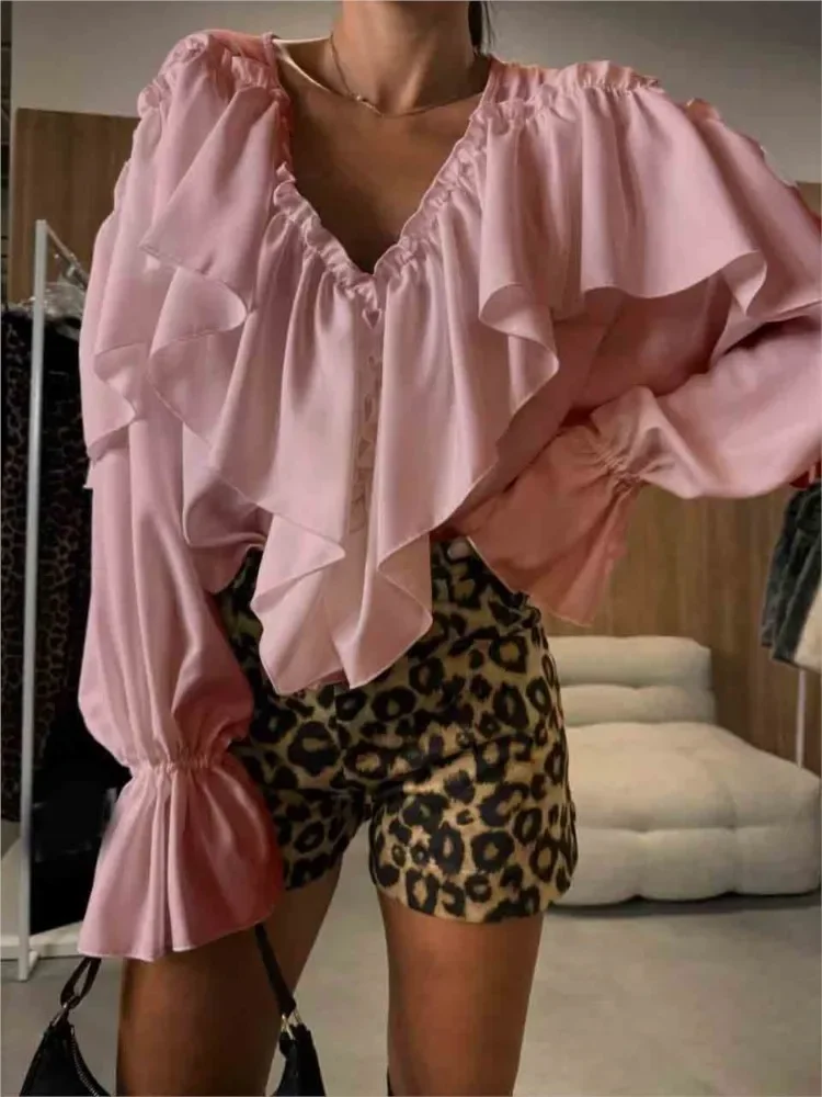 

Elegant V-neck Long-sleeved Solid Color Shirt Top for Women Fashion Autumn Loose Lantern Sleeve Design Simple Blouse Tops Female