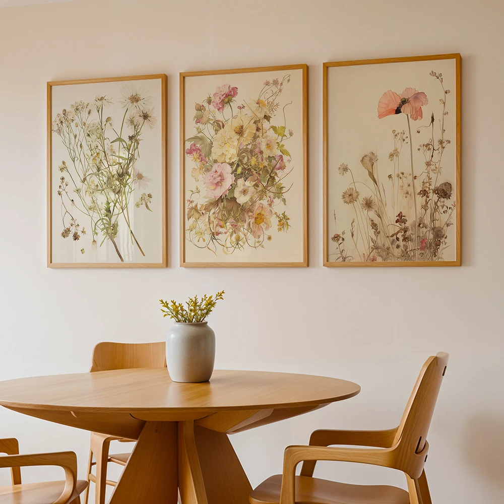 Boho Wall Art Floral Posters Pressed Flowers Canvas Prints Botanical Wall Decor Canvas Art Print for Living Room Bedroom Kitchen