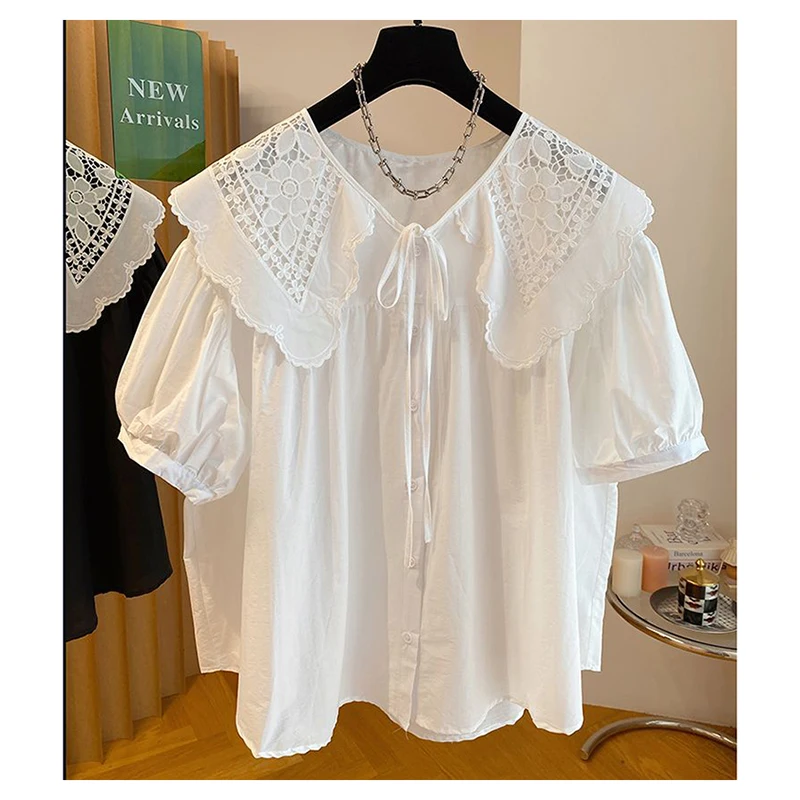 Hollow lace embroidered doll collar lace up shirt for women's spring 2024 new Korean loose fit slimming top blusas de mujer