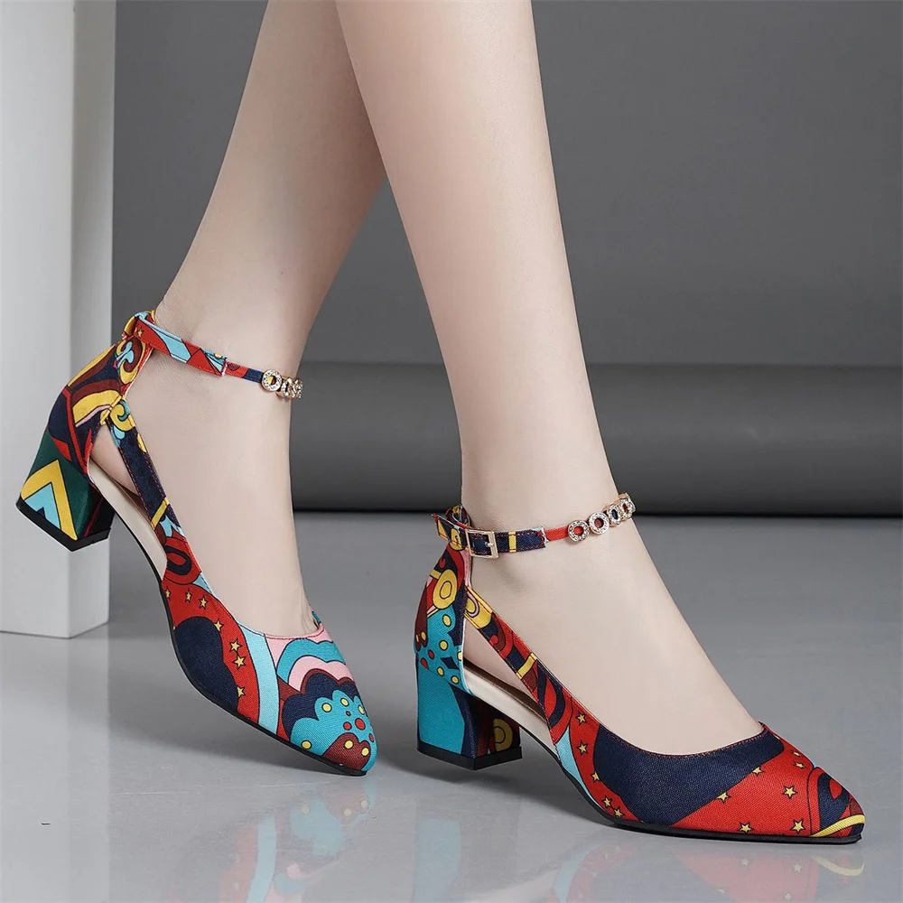 Rainbow Printed Color 6CM Design Summer Women's Latest Fancy High Block Heels Fashion Platform Ankle Strap Heeled Sandals Shoes