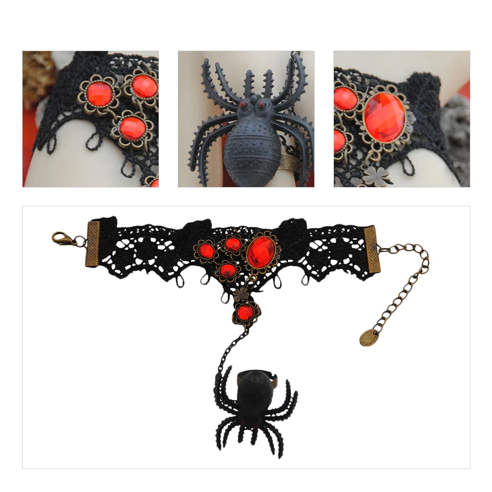 Halloween aranha web pulseira goth punk vintage para mulheres gótico alta imitação de cristal broca poliéster renda senhorita