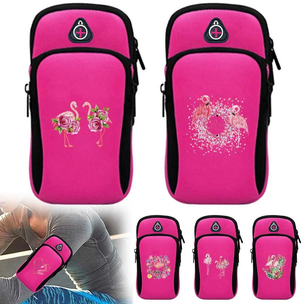 Fashion Sports Running Bag Flamingo Pattern Cycling Gym Phone Bags Sundries Storage Bag Portable Adjustable Zipper Arm Band Bags