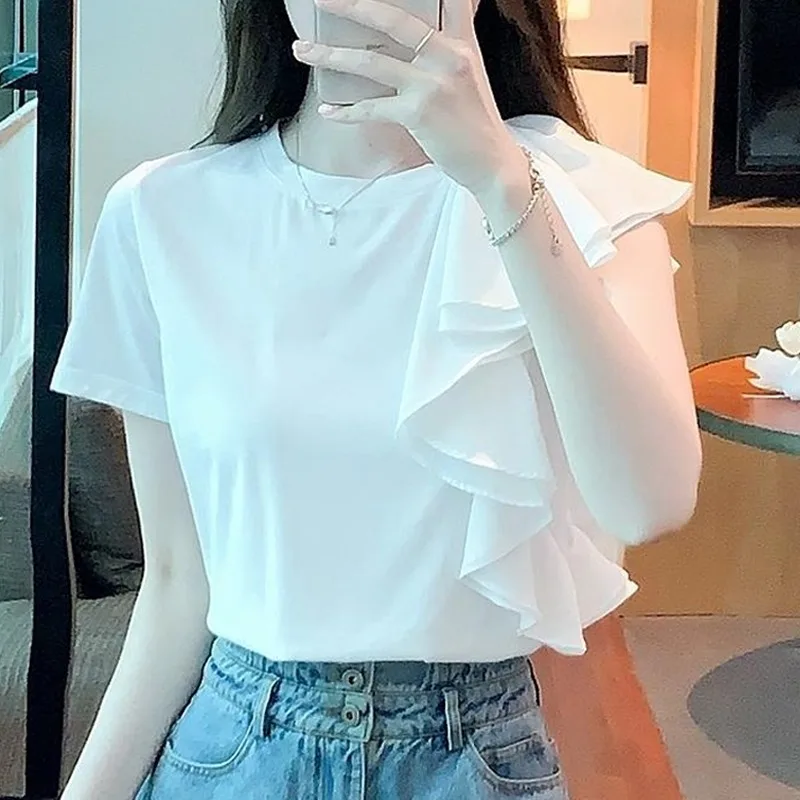 

Short Sleeve Blouse Women's Clothing 2024 New Summer Fashion Irregular Ruffles Shirt Elegant and Unique White Tops Clothes 1004
