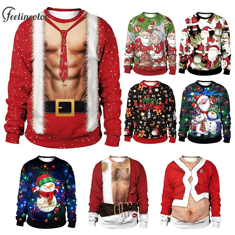 Christmas Party Pullover for Men Muscle Printed Crewneck Sweatshirts Xmas Gift Clothes Couple Outfit Funny Oversized Streetwear