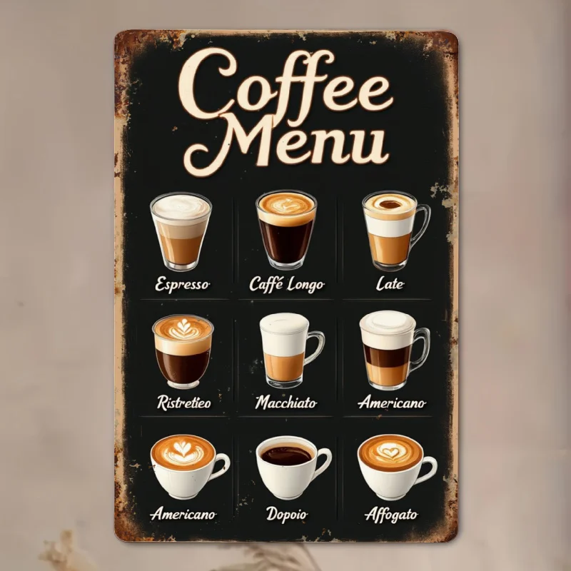 2D Flat- A 2D Flat Metal Tin Sign with a Black Vintage Print Design Measuring 20X30 cm, Suitable for Decorating a Coffee Shop