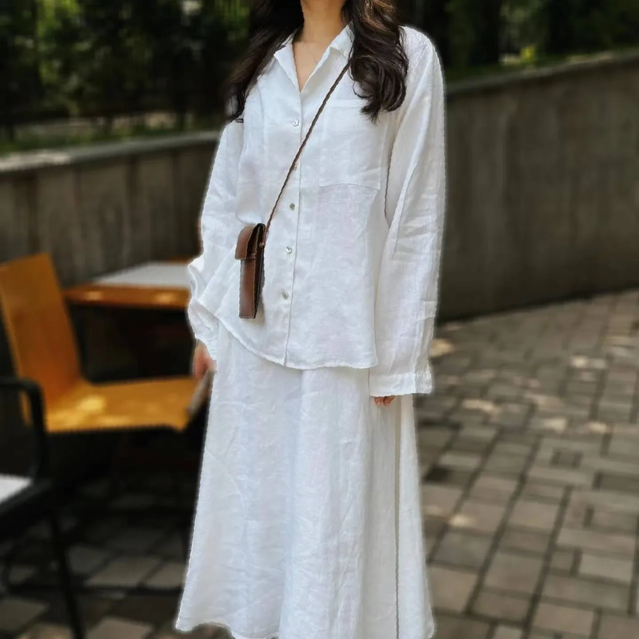 Women 2 Piece Set Blouse Long Skirt Suit Pockets Single Breasted Top Muslim Arabic Skirts Outfits Morocco Dubai Casual Ensemble 6