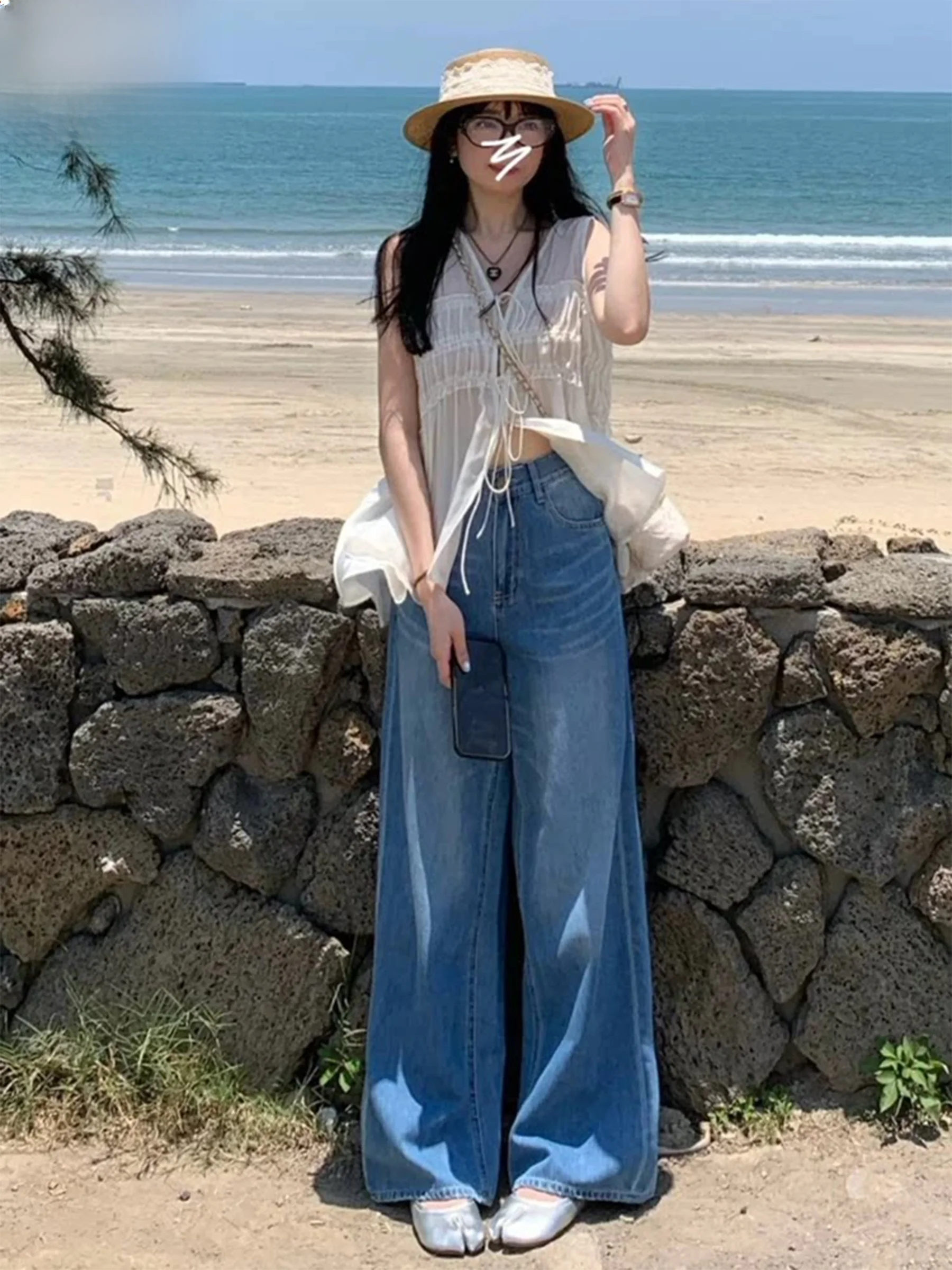 

American Style High Waist Wide Leg Straight Cut Jeans Women's Spring Summer New Style Slimming Trousers Casual Loose Fit