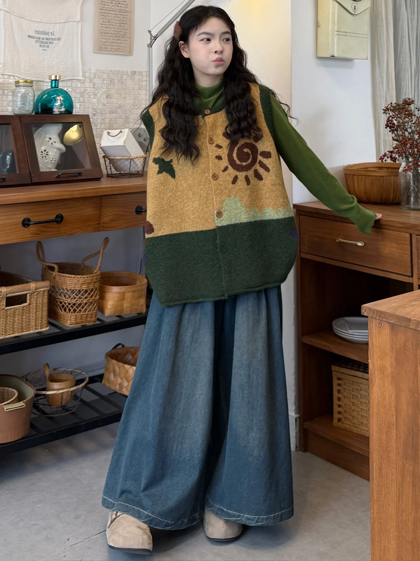 

plus Size Spring Faion Set Korean Sle Loose Fit Knitted Vest T-irt And Jeans Outfit Color Blo Casual High Waist Long ...