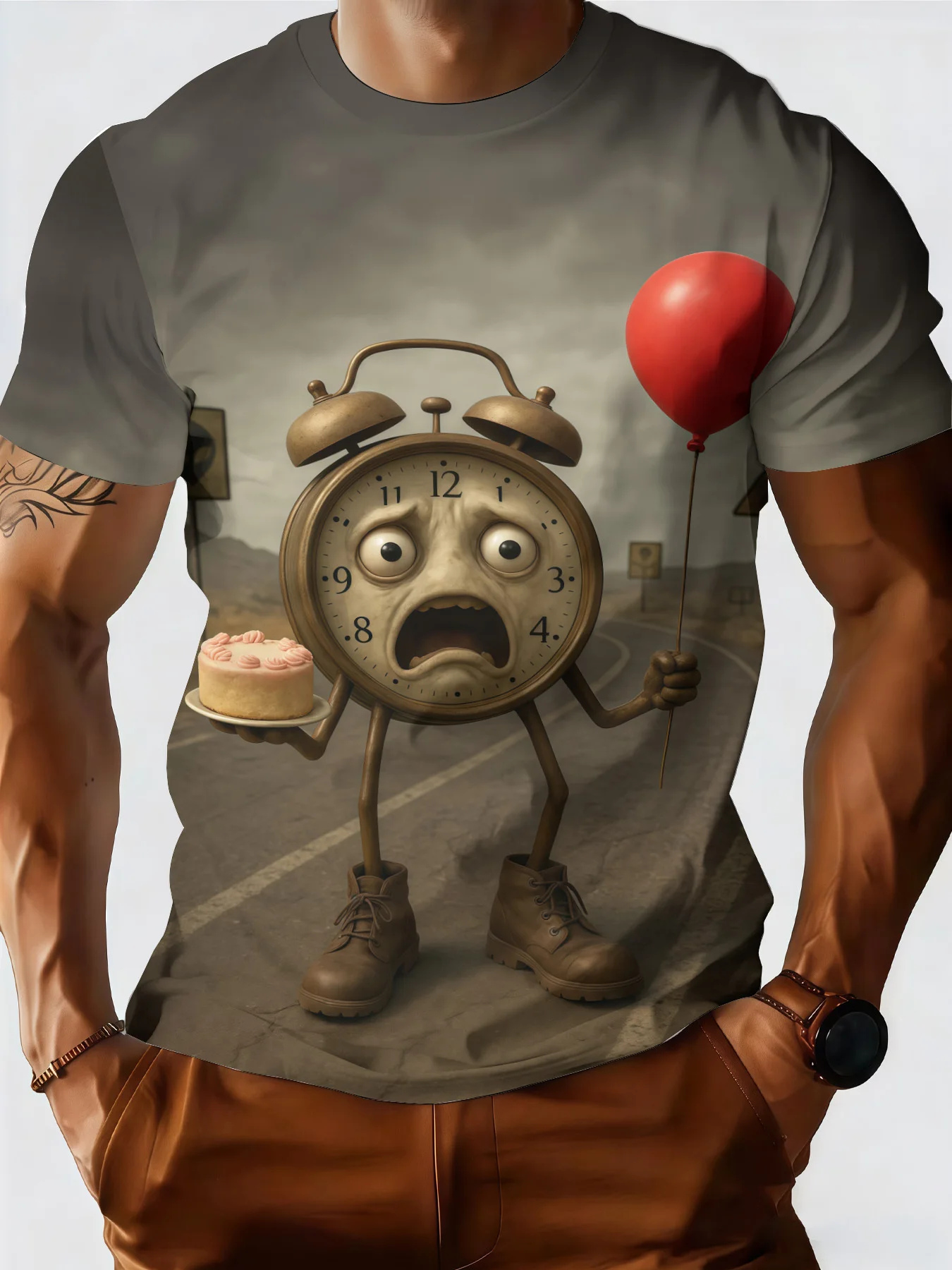Men's Funny Surreal Alarm Clock Character Print T-Shirt Crew Neck Short Sleeve Casual Graphic Tee Tops