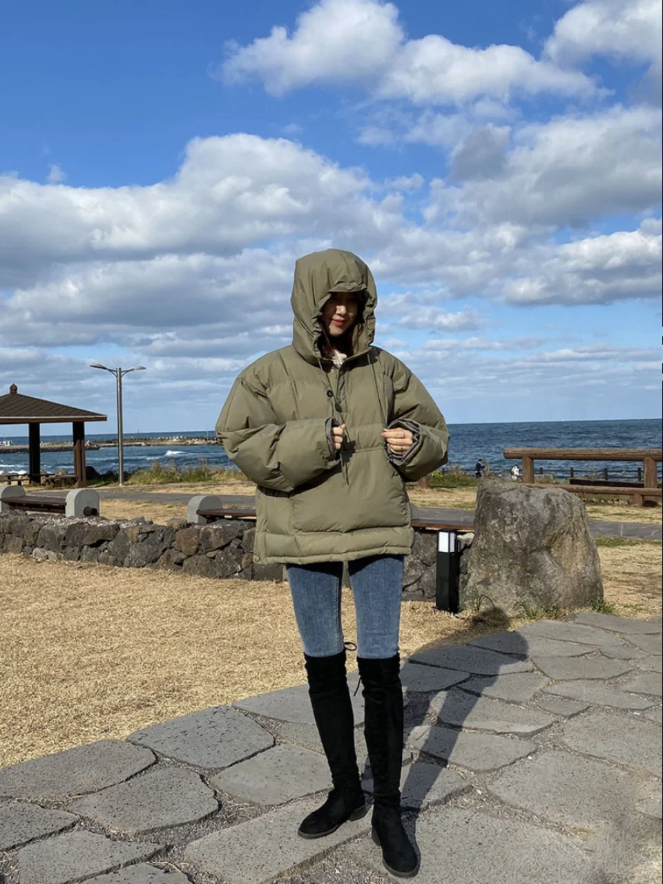 ルーズフィットダウンコットンパーカー女性の秋冬ストレートカット厚みのあるロングSveピュアカラーブレッドSle Jaetコート