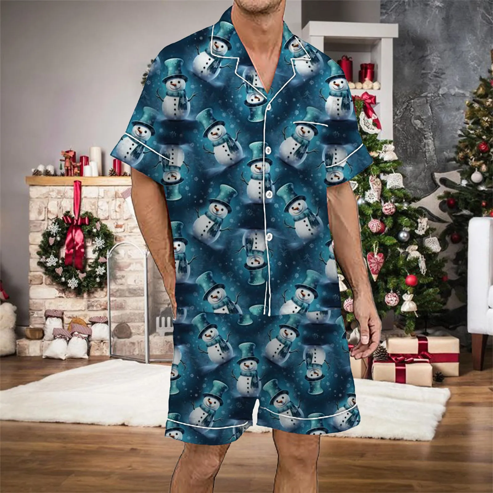 Satin Silk Men\'s Christmas 2 Piece Pajamas Set Short Sleeved Button Up Shirt And Shorts Set Christmas Tree Printed Short Suit