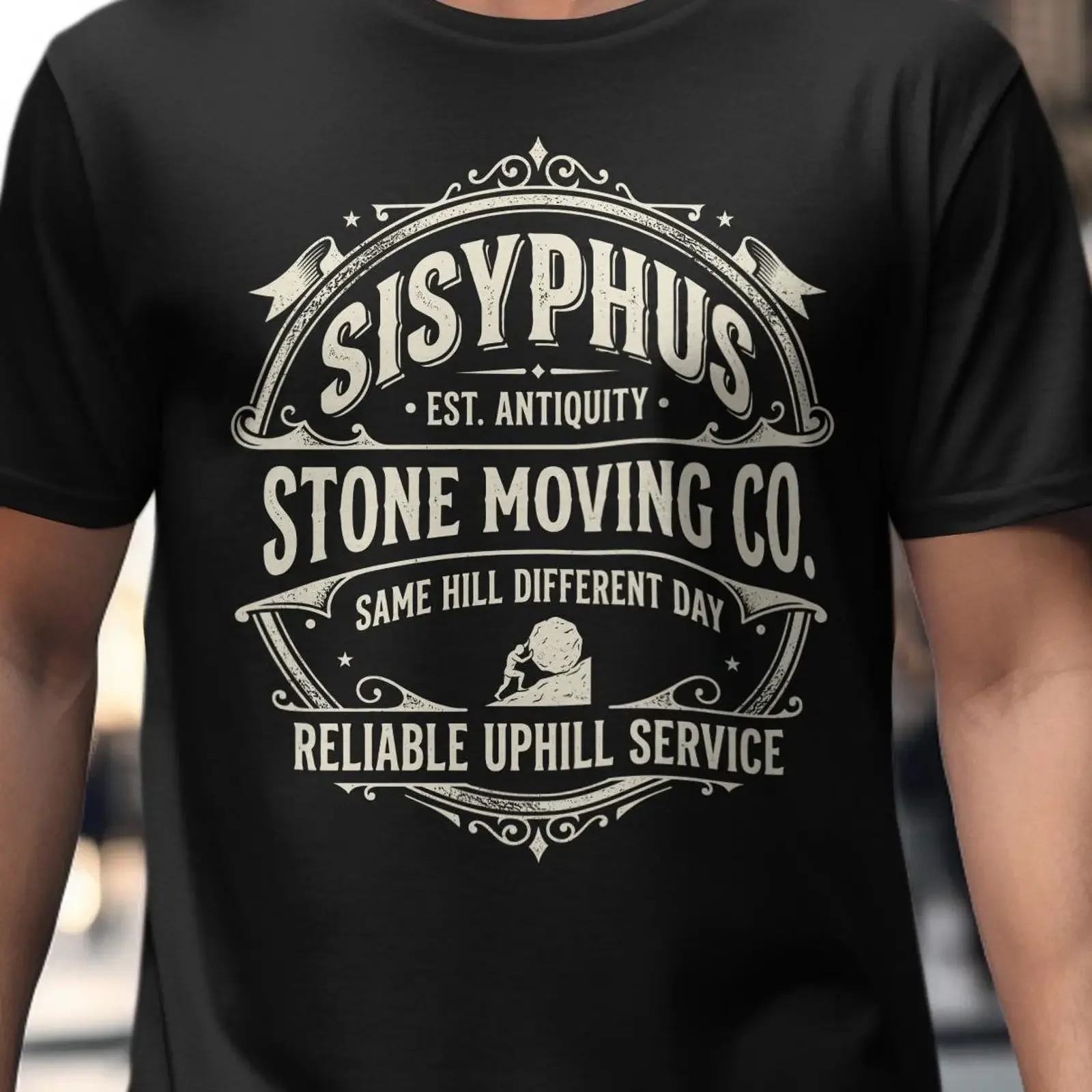 Sisyphus Stone Moving Co Retro T Shirt Greek Mythology Humor vintage Washed graphic Stretched streetwear Unisex Versatile