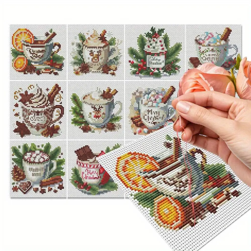 12Pcs Coffee/Cup Cross Stitch Printed Pattern Embroidery Kit Needlework Bathroom Decor Handmade Products