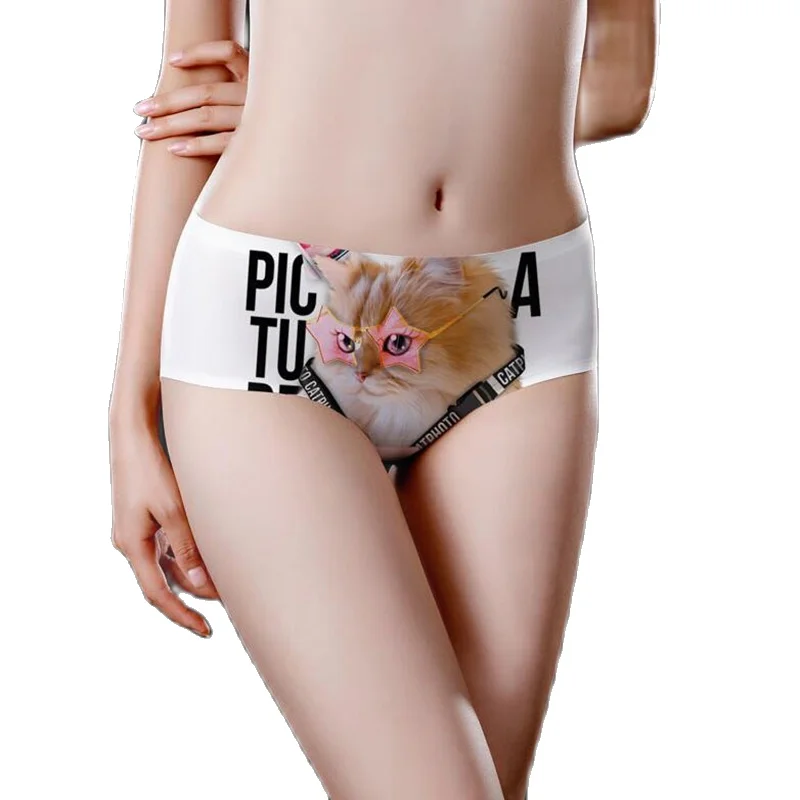 Fashion Panties Women Cute Underwear Cartoon Cat Print Ice Silk Briefs Mid Waist Seamless Comfort Breathable Soft Lady Lingerie