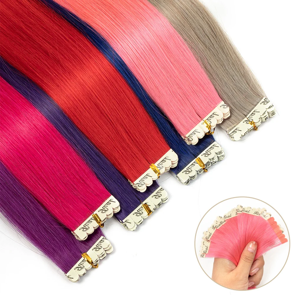 Colored Mini Tape In Human Hair Extensions Invisible Skin Weft Adhesive Pink Purple Blue Red Tape In Hair Extensions 10pcs/pack