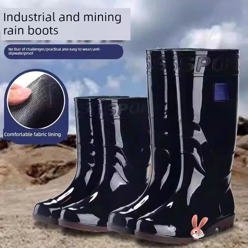 

Thickened Black High-Top Men's Water Shoes Long Rain Boots Warm Glue Shoes Anti-Slip Wave Pattern Design for Men in Spring