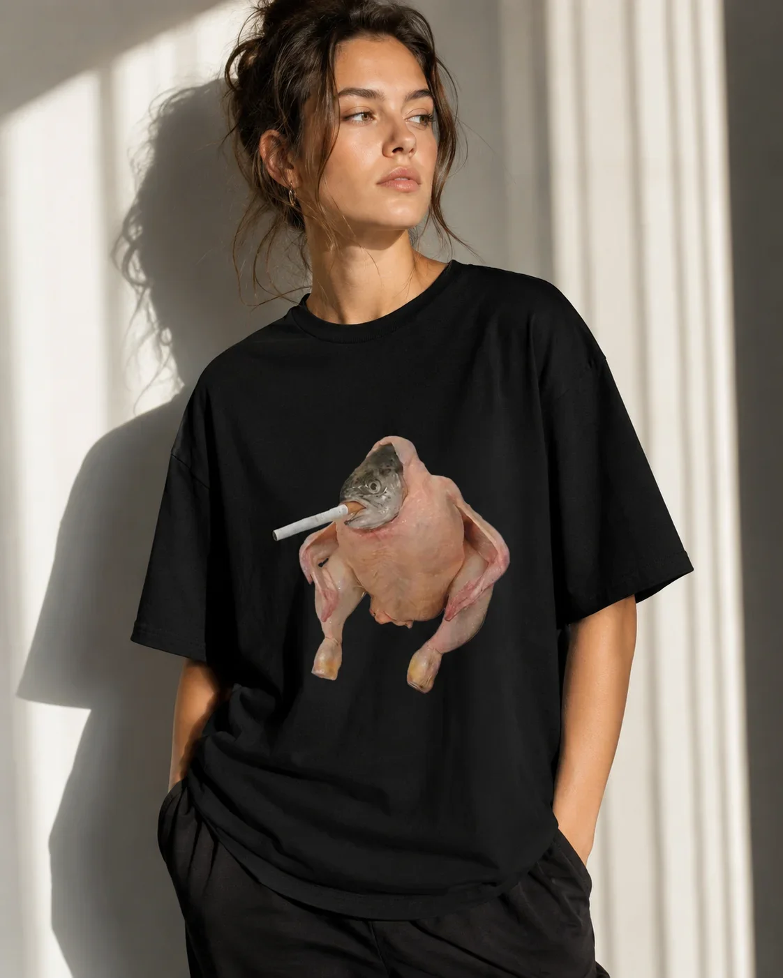Women's Clothing, Smoking T-shirts with Fish and Chicken Face Patterns Printed on Harajuku Fun T-shirts Aesthetic Loose T-shirts
