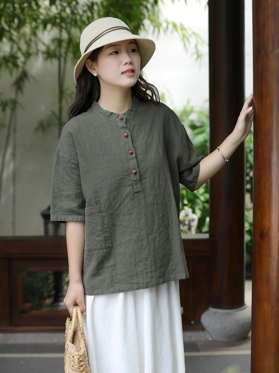 

LZJN Women's Chinese style stand-up collar half-open flax shirt with mid-sleeve cultural tea jacket pullover top