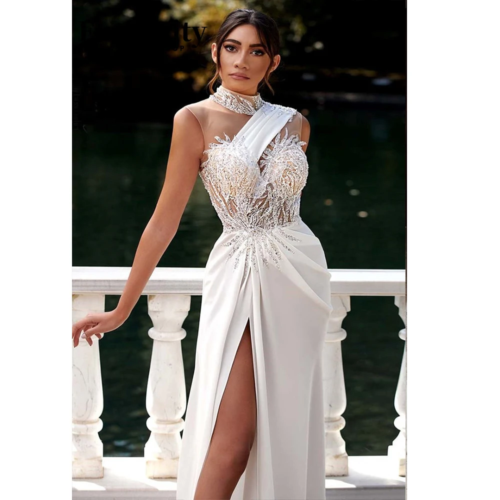 Customized Wedding Dress High Neck Beaded Draped Long Womens Dresses Sleeveless With Slit Wedding Dresses For Woman Vestido