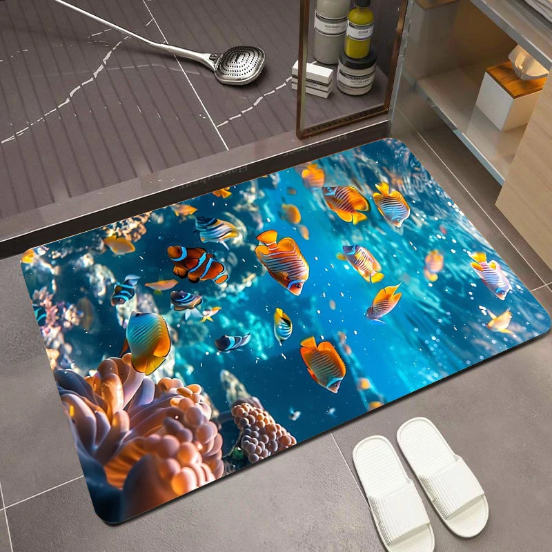 Tropical Fish Coral Reef Bath Rug Vivid Underwater Scene Non-Slip Quick Dry Mat Fun Ocean Theme