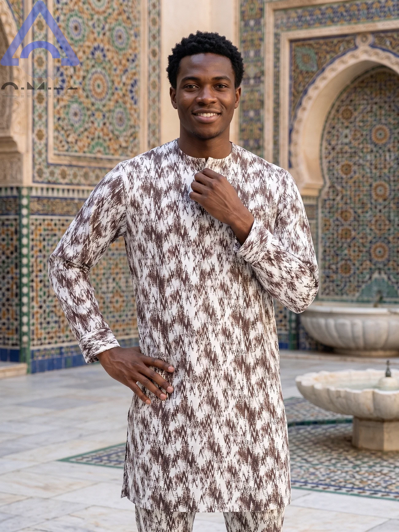 QiMing Muslim Moroccan Summer Printing Young Men Long Sleeves Set African Abaya Original Islamic Fashion Prayer Arabic Outfit