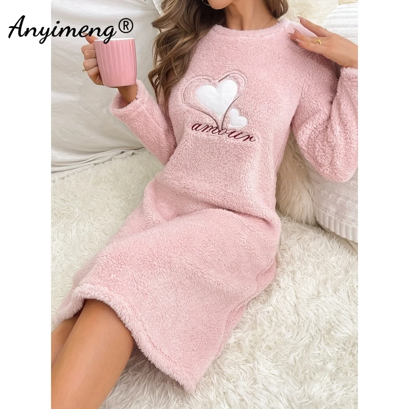 Flannel Night Gown for Women Winter Long Sleeves Heart Print Nightgowns Woman Soft Sleepshirt Pink Pullover Pajama Dress
