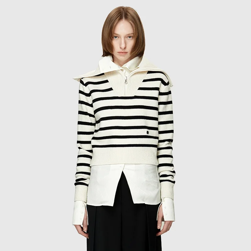 

Korean Sle Commuter Stripe Knit Wool Sweater f Zip Large Collar Long Sve Women's Faion Autumn Winter Online Exclusive