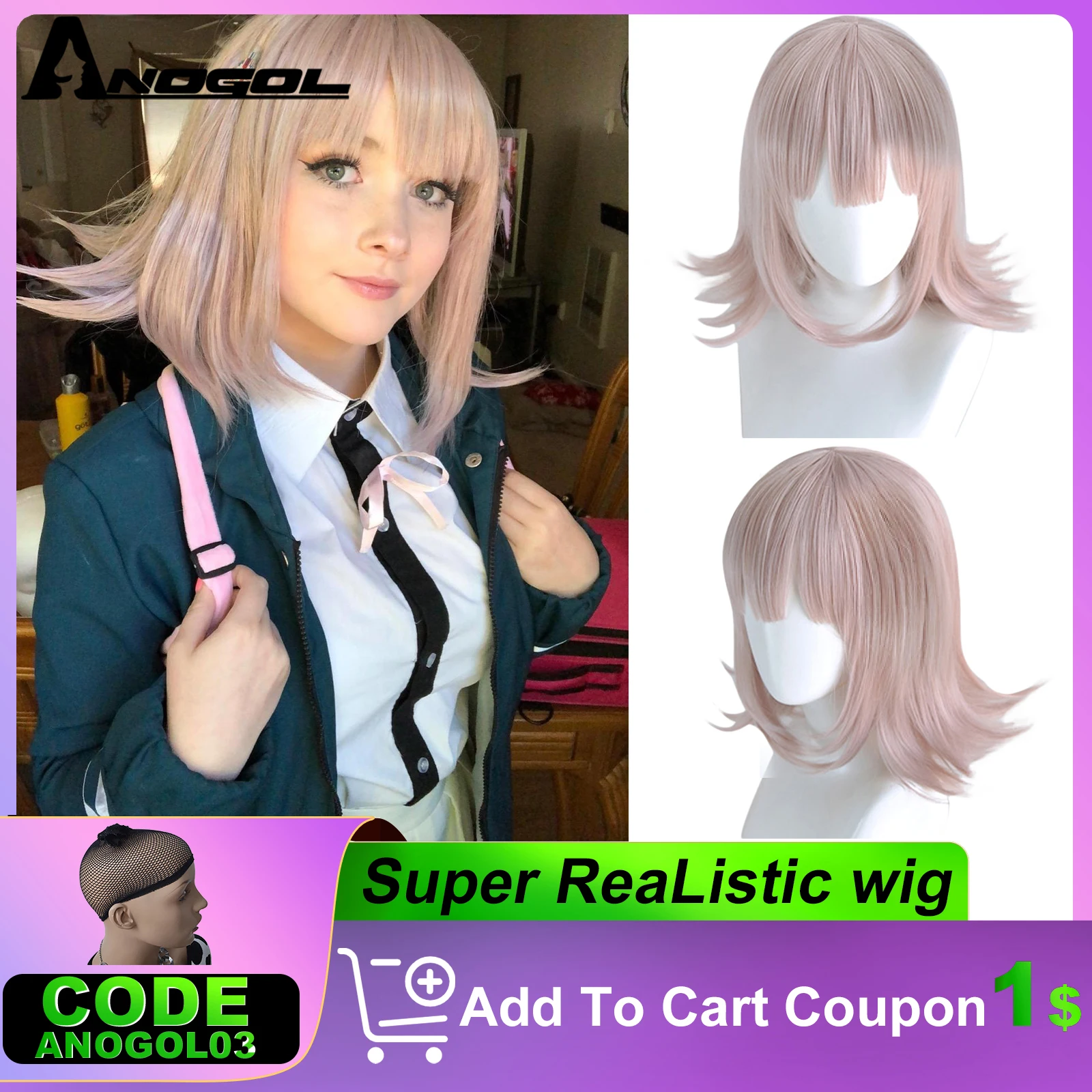 

ANOGOL Synthetic NANAMI CHIAKI Cosplay Wig Super Danganronpa Anime Cosplay Wigs Heat Resistant Hair for Women Halloween Party