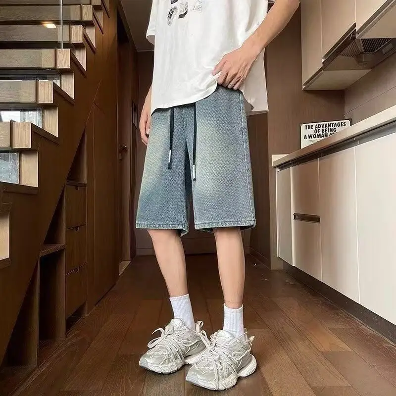 巾着ハーフマンデニムショーツだぶだぶストレートショートジーンズパンツ男性のための夏のストレッチトレンド 2025 韓国ファッション Xl ストリート