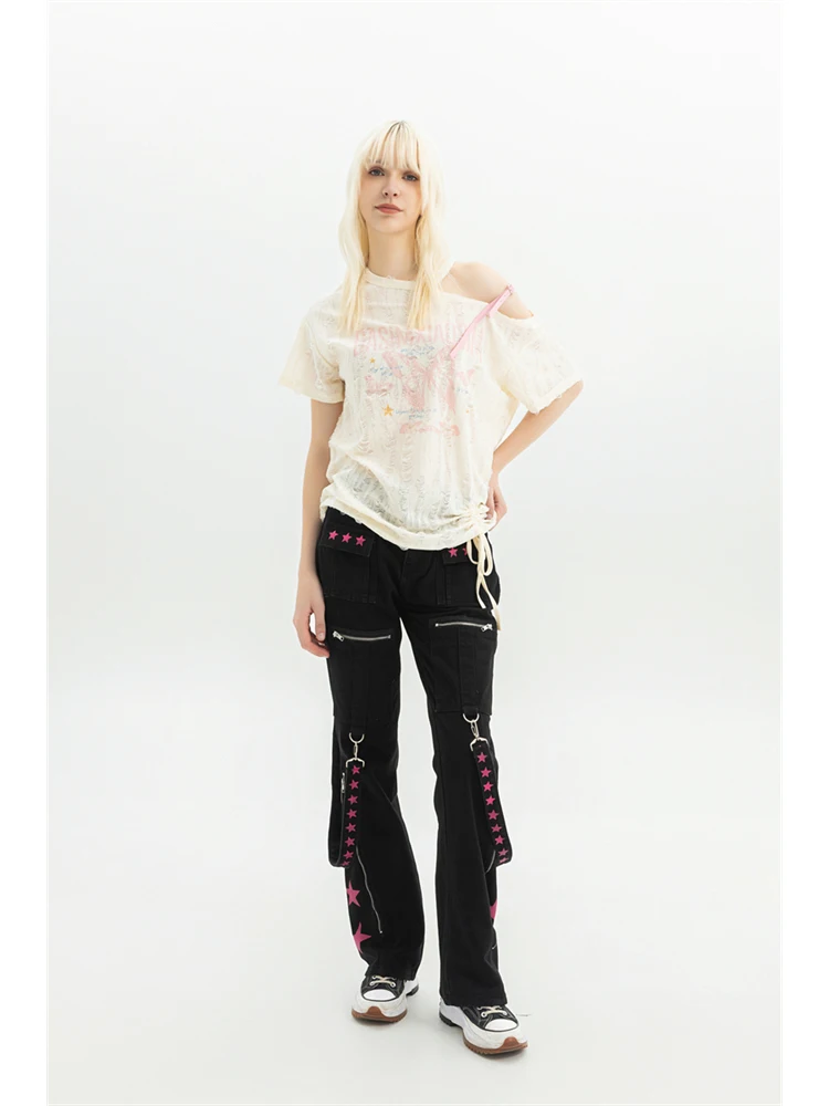 Damen Schwarz Gothic Baggy Cargo Jeans Harajuku Vintage Y2k Denim Hose Cowboy Hose 90er Jahre Ästhetisch Trashy Emo 2000er Jahre Kleidung Neu