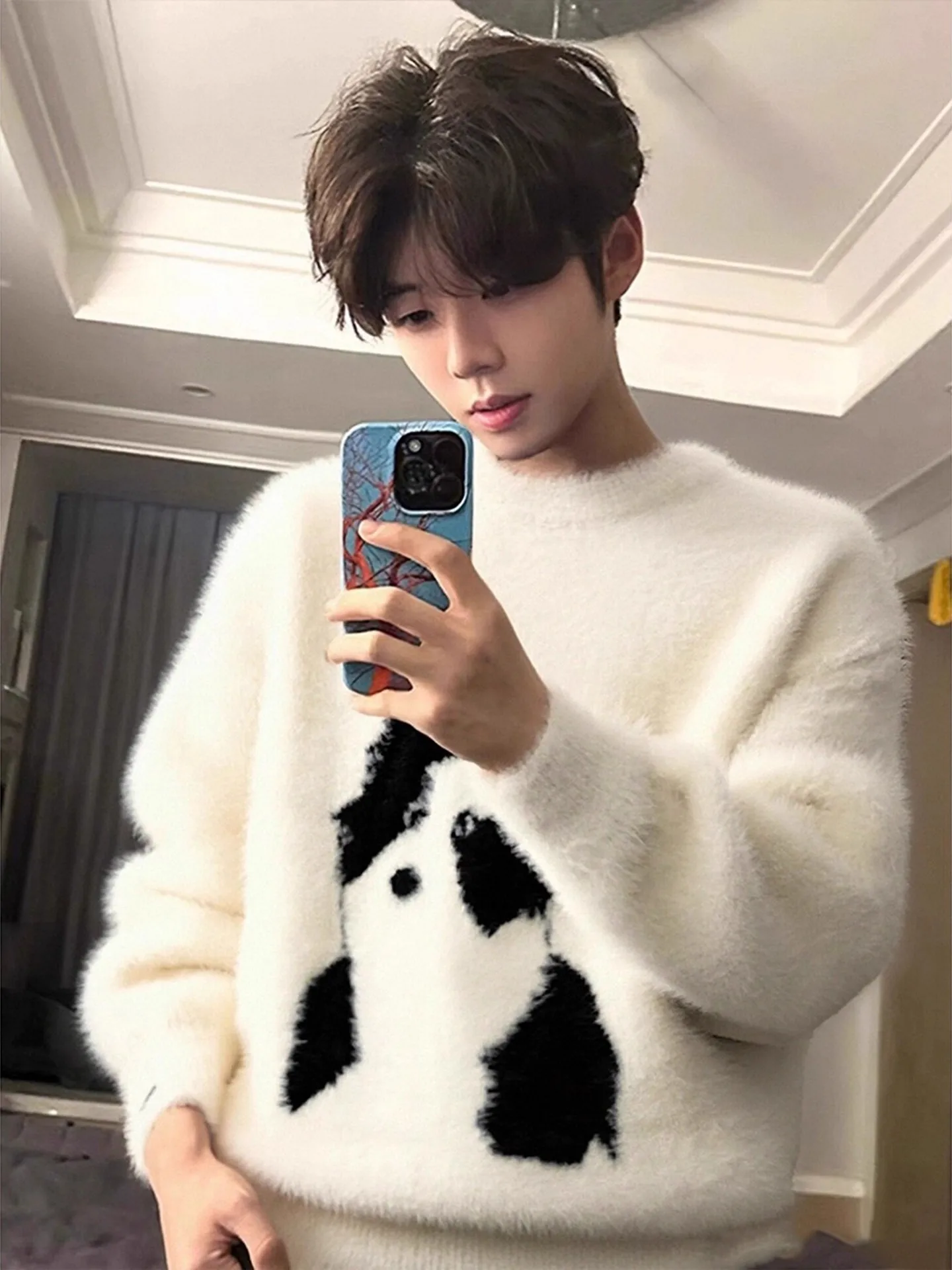 

American Sle Dog Pattern Thiened Knitted round Ne Sweater Soft Faux Mink Autumn Winter Men's Casual Faion Inner Wear