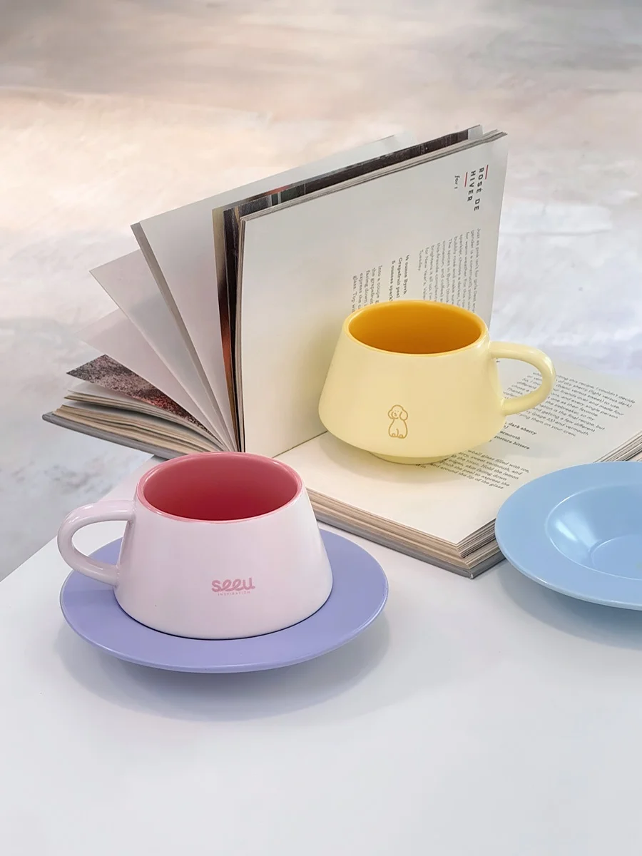

Seeu Cerc Pudding Dog Couple Mugs with Saucer Water Cups Coffee Cups 250ml Gift Simple Color Dog Pattern