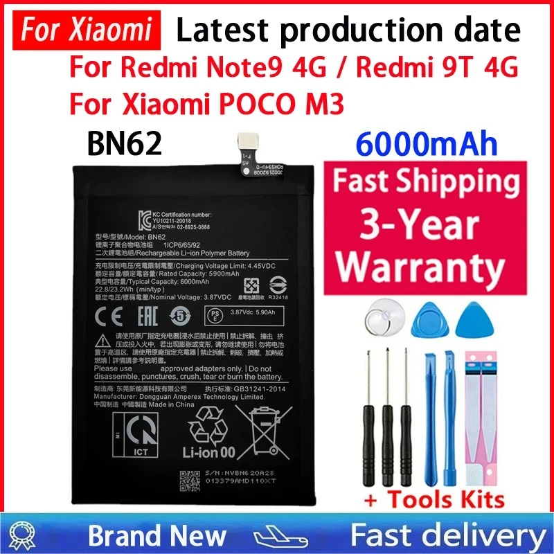 100% NEW Battery BN62 For Xiaomi POCO M3 Redmi 9T/Redmi Note 9 4G Version 6000mAh Phone Batteries Bateria Batterij