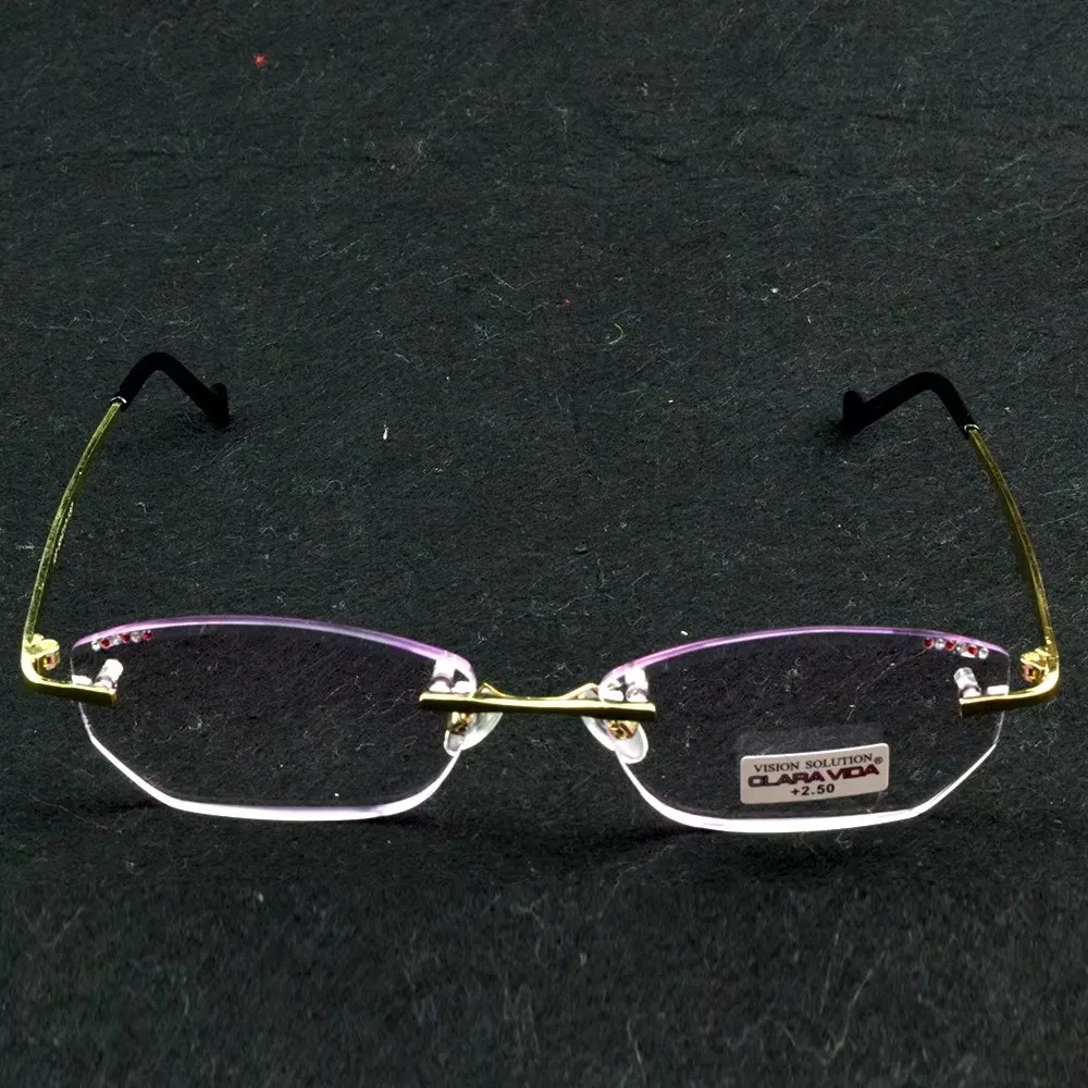 

Clara Vida Luxury Diamond Cut Glasses Women Lady Gold Rimless Purple Tint Lenses Reading Glasses +1 +1.5 +2 +2.5 +3 +3.5 +4