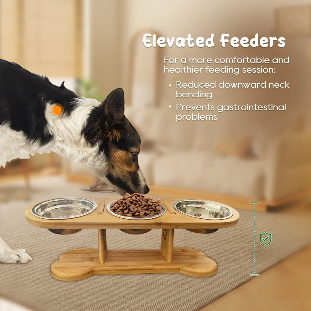 Height Enhancing Dog Bowls Protect Pet Cervical Spine 3 Stainless Steel Bowls Removable Durable Bamboo Feeder Dog Accessories