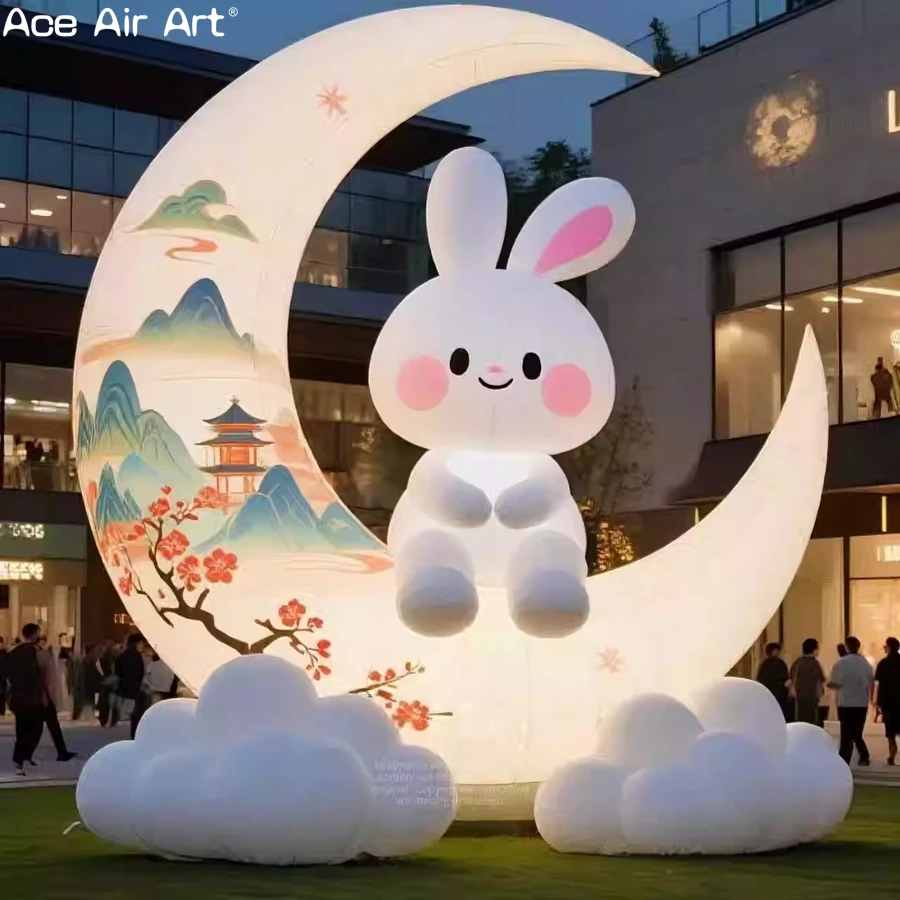 

Надувной кролик сидящий на полумесяце, стоячий стиль с огнями, красивое украшение для праздничной вечеринки
